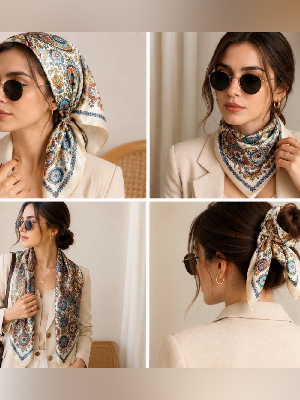 Silk-Feel Floral Paisley Print Scarf - Cream & Blue